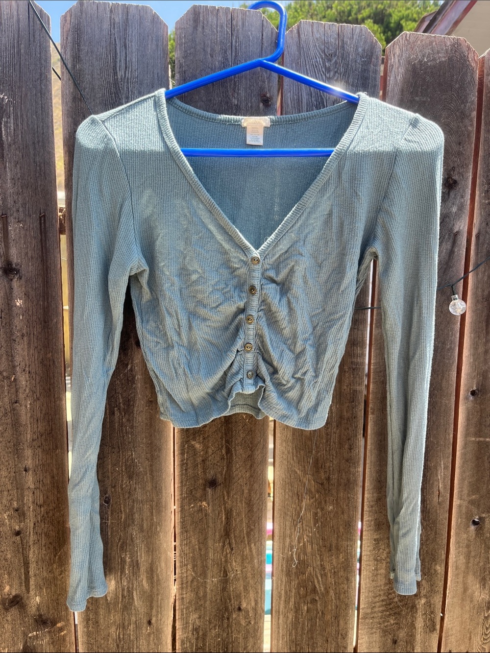 Bozzolo Sage Green Ribbed Button-Front Cropped Long Sleeve Top